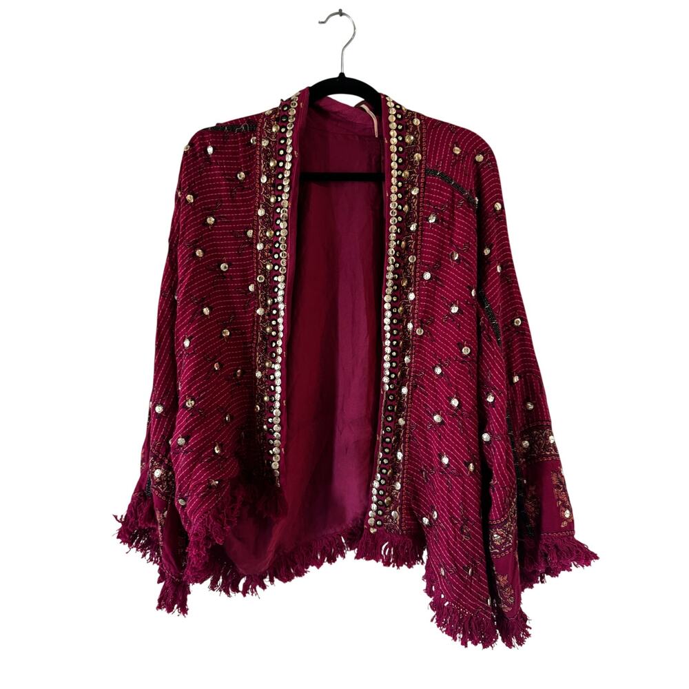 Magenta Beaded Embroidered Boho Fringe Poncho Shawl Wrap Size S/M India